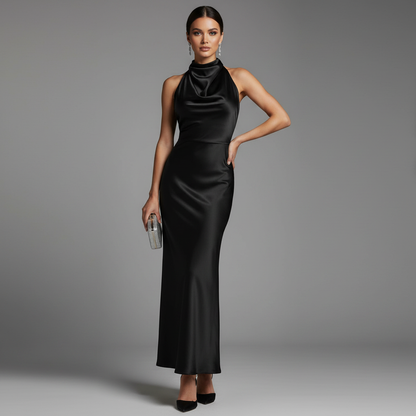 Halter Evening Dress | Elegant Midi Evening Gown for Women