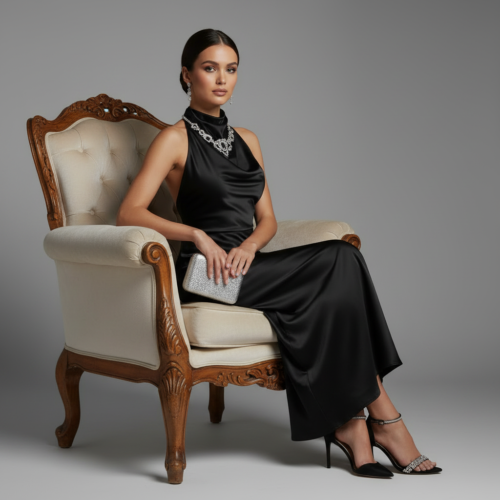 Halter Evening Dress | Elegant Midi Evening Gown for Women